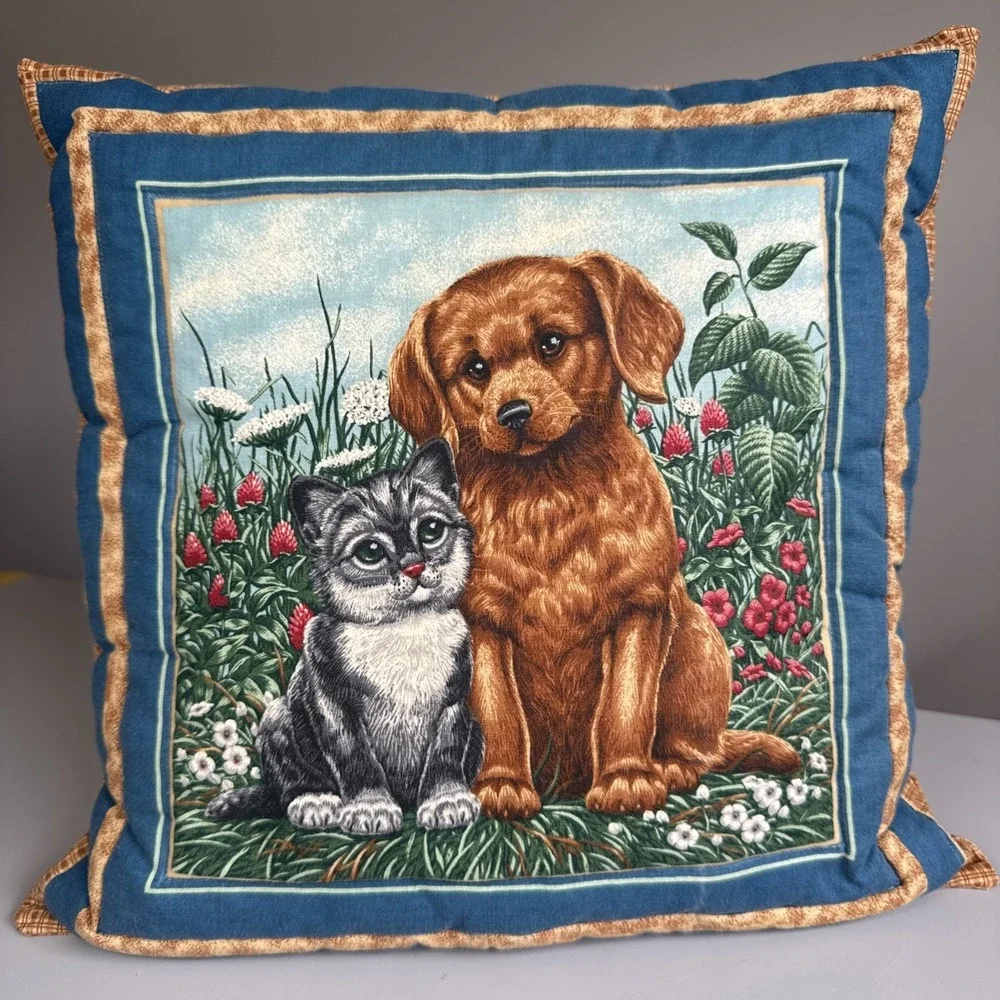 Vintage Handmade Kitten And Puppy Design 14x14